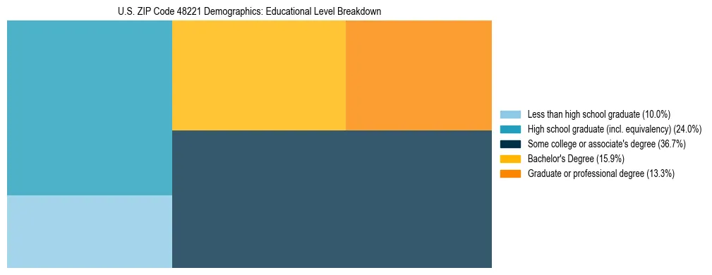 Treemap chart illustrating the educational attainment breakdown for population 25 years and over in US ZIP Code 48221.