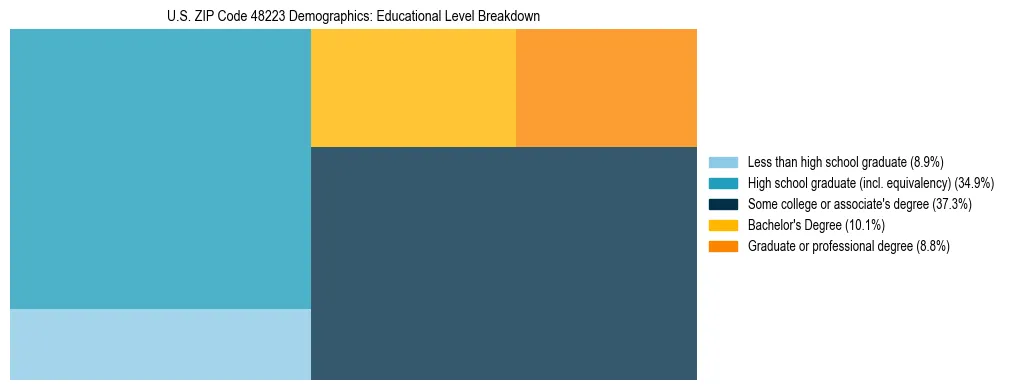 Treemap chart illustrating the educational attainment breakdown for population 25 years and over in US ZIP Code 48223.