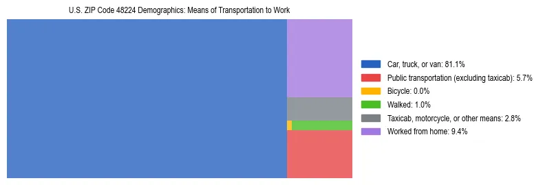 Treemap showing means of transportation to work distribution in US ZIP Code 48224.