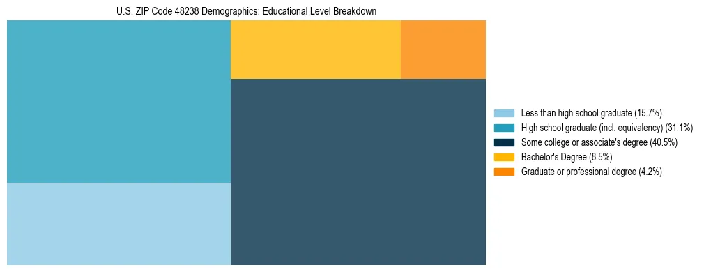 Treemap chart illustrating the educational attainment breakdown for population 25 years and over in US ZIP Code 48238.