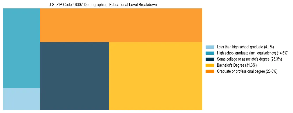 Treemap chart illustrating the educational attainment breakdown for population 25 years and over in US ZIP Code 48307.