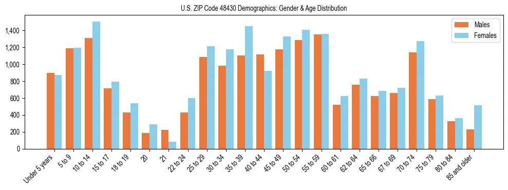 Bar chart showing the population distribution of US ZIP Code 48430 by age group and gender, based on 2023 ACS data.