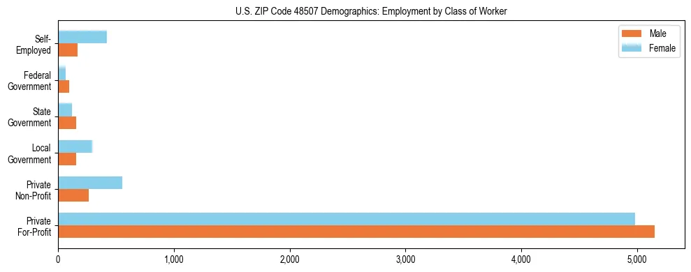 Horizontal bar chart showing employment distribution by class of worker and gender in US ZIP Code 48507, based on 2023 ACS data.
