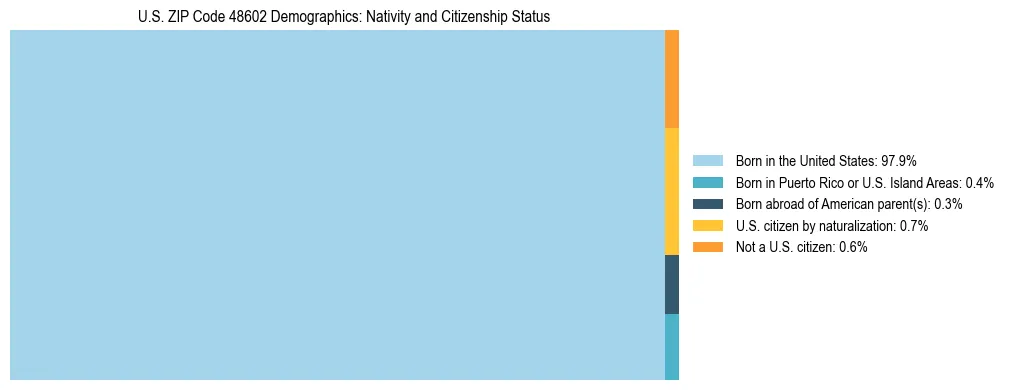 Treemap showing the population distribution by nativity and citizenship status in US ZIP Code 48602 based on U.S. Census data.
