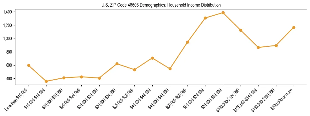 Horizontal bar chart showing household income distribution in US ZIP Code 48603.