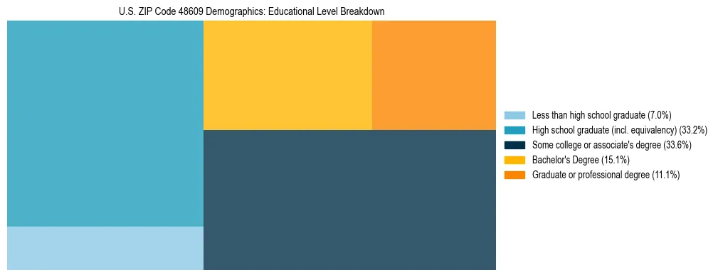 Treemap chart illustrating the educational attainment breakdown for population 25 years and over in US ZIP Code 48609.