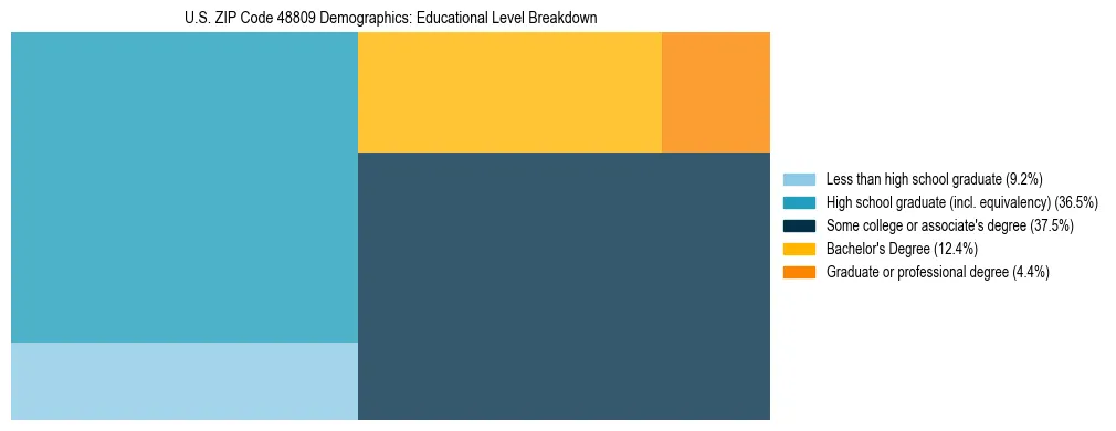 Treemap chart illustrating the educational attainment breakdown for population 25 years and over in US ZIP Code 48809.