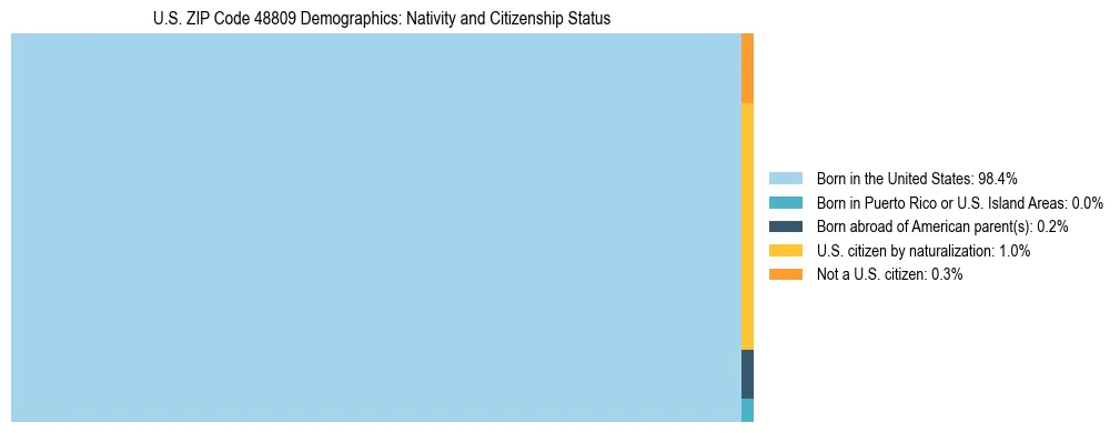 Treemap showing the population distribution by nativity and citizenship status in US ZIP Code 48809 based on U.S. Census data.