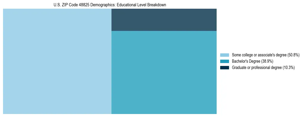 Treemap chart illustrating the educational attainment breakdown for population 25 years and over in US ZIP Code 48825.