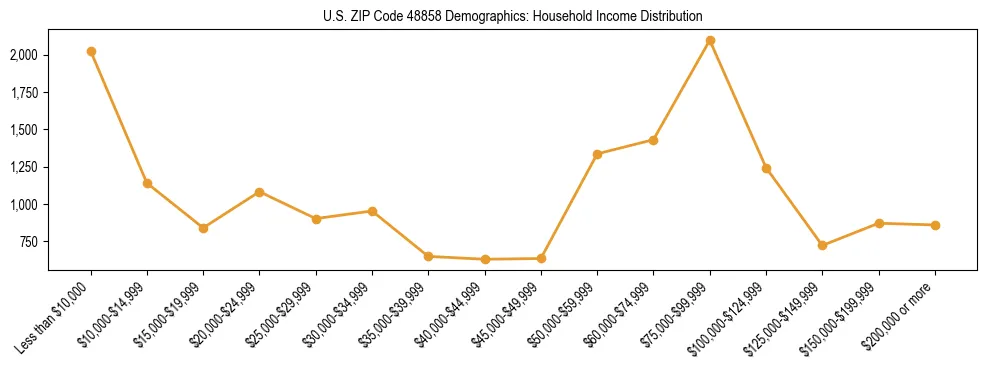Horizontal bar chart showing household income distribution in US ZIP Code 48858.