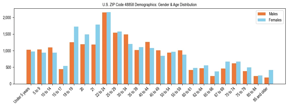 Bar chart showing the population distribution of US ZIP Code 48858 by age group and gender, based on 2023 ACS data.