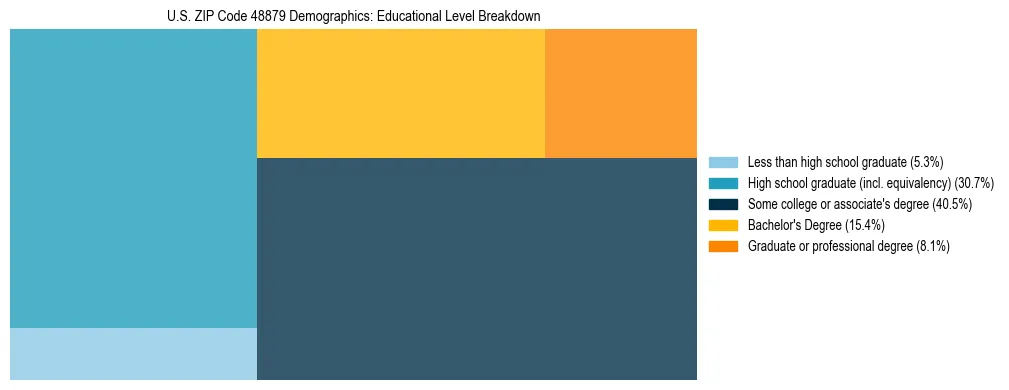 Treemap chart illustrating the educational attainment breakdown for population 25 years and over in US ZIP Code 48879.