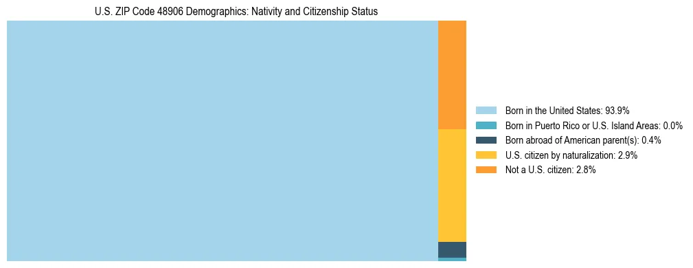 Treemap showing the population distribution by nativity and citizenship status in US ZIP Code 48906 based on U.S. Census data.