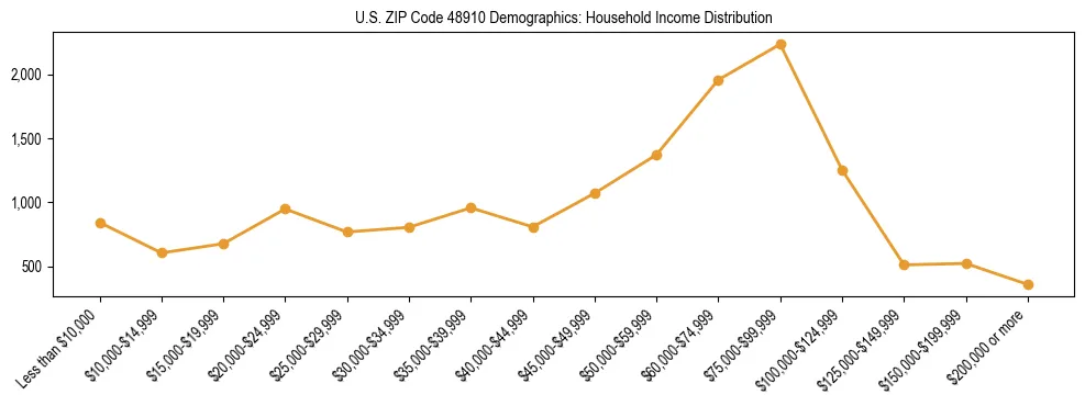 Horizontal bar chart showing household income distribution in US ZIP Code 48910.