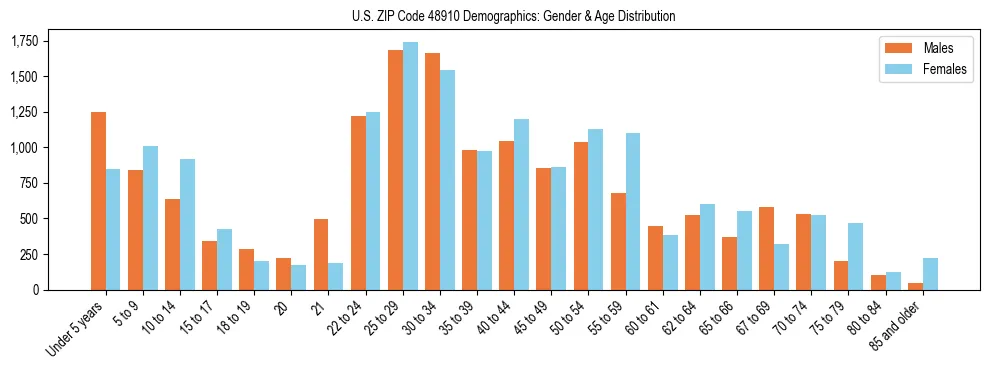 Bar chart showing the population distribution of US ZIP Code 48910 by age group and gender, based on 2023 ACS data.
