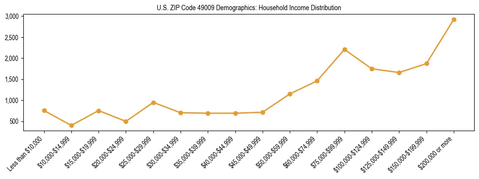 Horizontal bar chart showing household income distribution in US ZIP Code 49009.