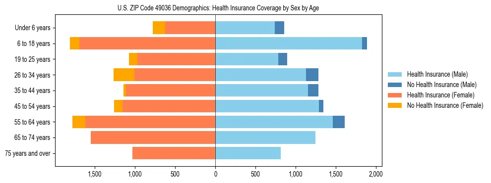 Pyramid chart showing health insurance coverage by age and sex in US ZIP Code 49036.