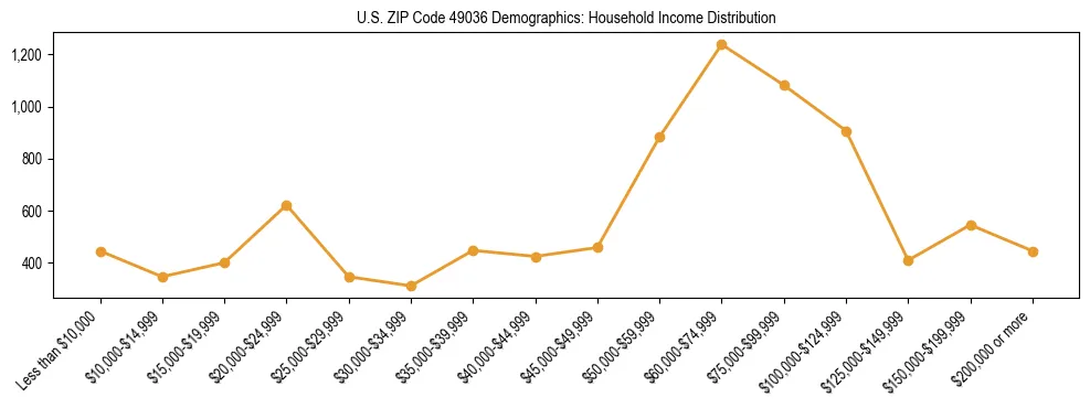 Horizontal bar chart showing household income distribution in US ZIP Code 49036.