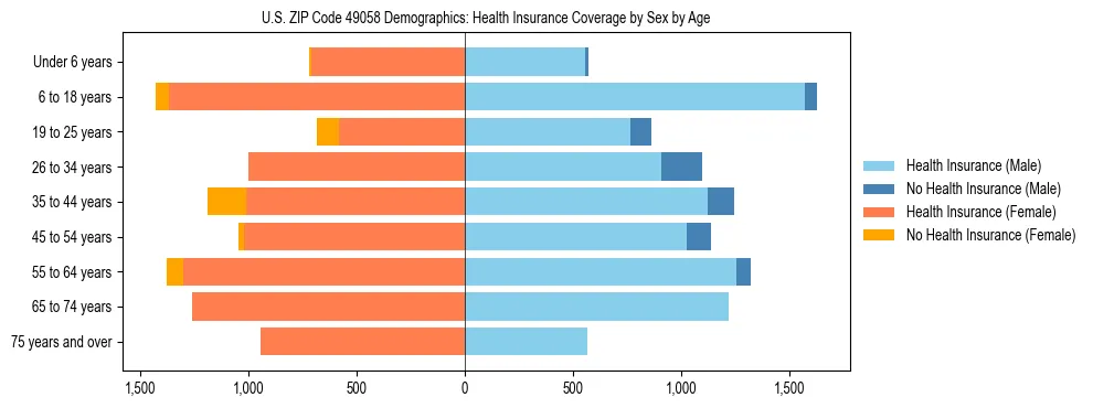Pyramid chart showing health insurance coverage by age and sex in US ZIP Code 49058.