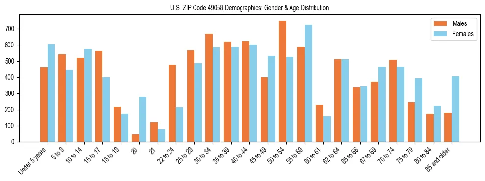 Bar chart showing the population distribution of US ZIP Code 49058 by age group and gender, based on 2023 ACS data.