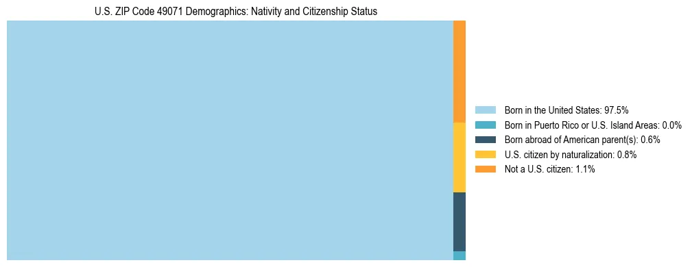 Treemap showing the population distribution by nativity and citizenship status in US ZIP Code 49071 based on U.S. Census data.