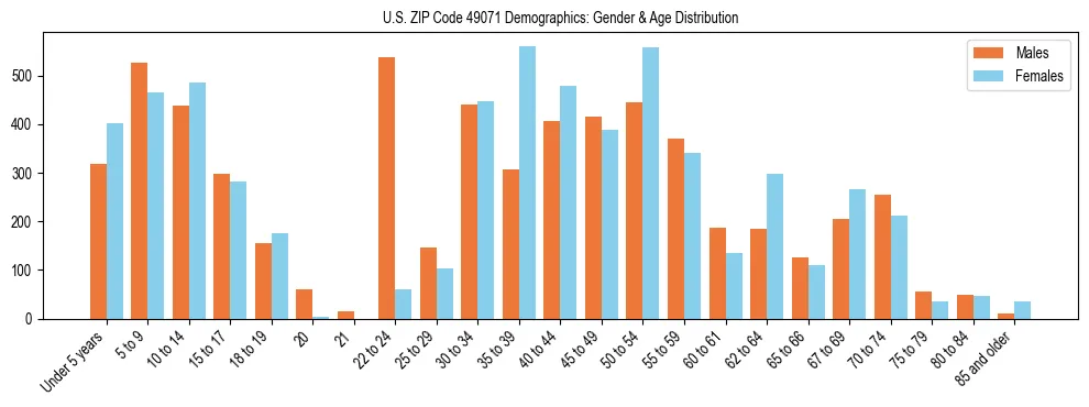 Bar chart showing the population distribution of US ZIP Code 49071 by age group and gender, based on 2023 ACS data.
