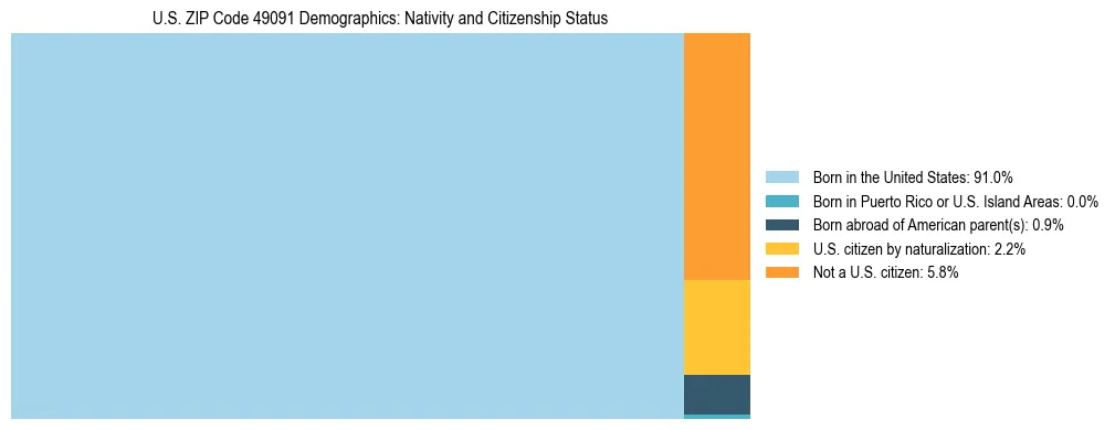 Treemap showing the population distribution by nativity and citizenship status in US ZIP Code 49091 based on U.S. Census data.
