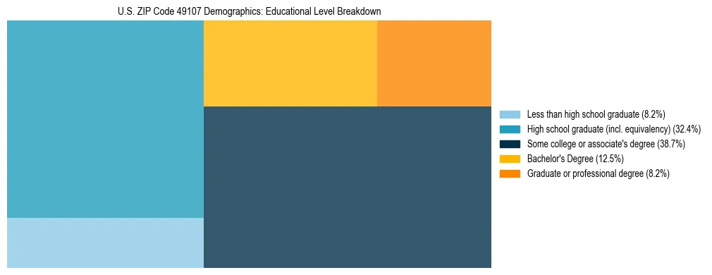 Treemap chart illustrating the educational attainment breakdown for population 25 years and over in US ZIP Code 49107.