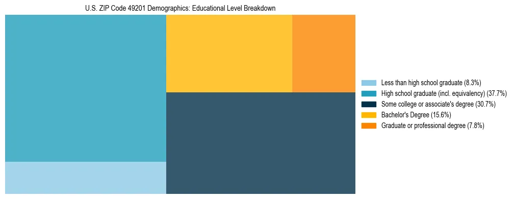 Treemap chart illustrating the educational attainment breakdown for population 25 years and over in US ZIP Code 49201.