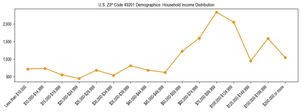Horizontal bar chart showing household income distribution in US ZIP Code 49201.