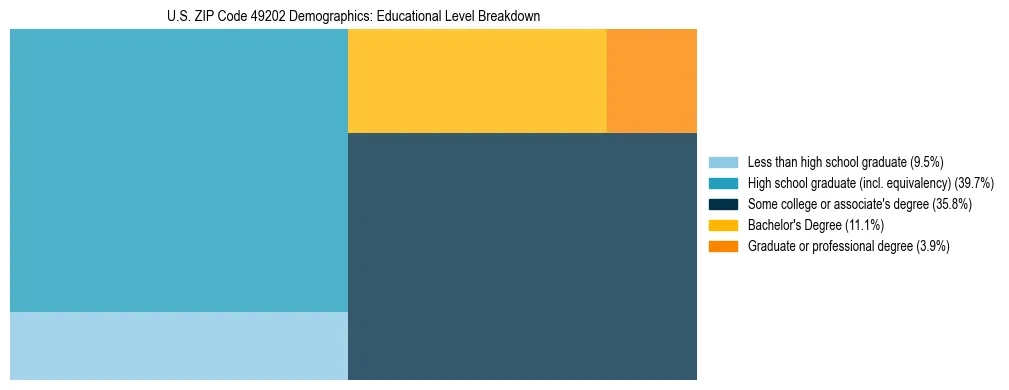 Treemap chart illustrating the educational attainment breakdown for population 25 years and over in US ZIP Code 49202.