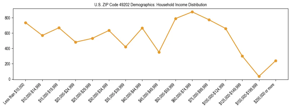 Horizontal bar chart showing household income distribution in US ZIP Code 49202.