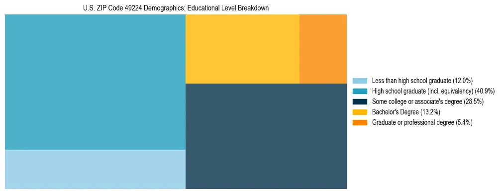 Treemap chart illustrating the educational attainment breakdown for population 25 years and over in US ZIP Code 49224.