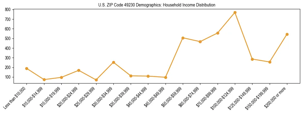 Horizontal bar chart showing household income distribution in US ZIP Code 49230.