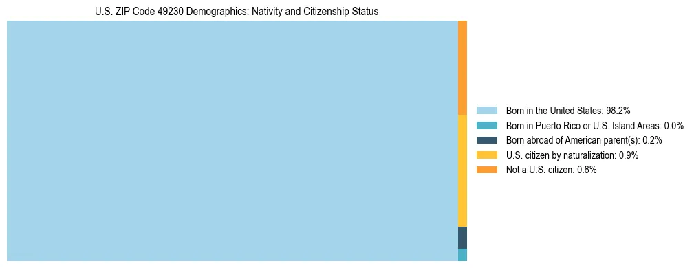 Treemap showing the population distribution by nativity and citizenship status in US ZIP Code 49230 based on U.S. Census data.
