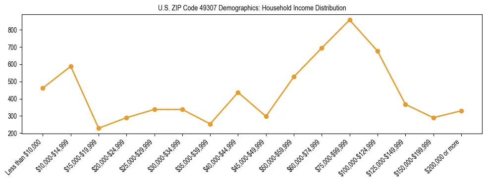 Horizontal bar chart showing household income distribution in US ZIP Code 49307.