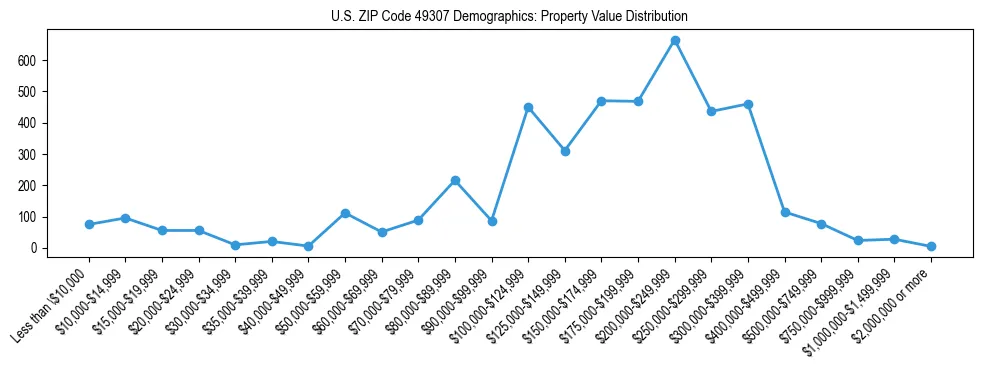 Line chart showing the distribution of property values for owner-occupied housing units in US ZIP Code 49307.
