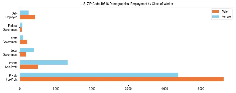 Horizontal bar chart showing employment distribution by class of worker and gender in US ZIP Code 49316, based on 2023 ACS data.