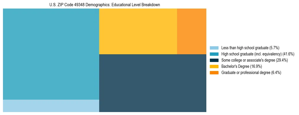 Treemap chart illustrating the educational attainment breakdown for population 25 years and over in US ZIP Code 49348.