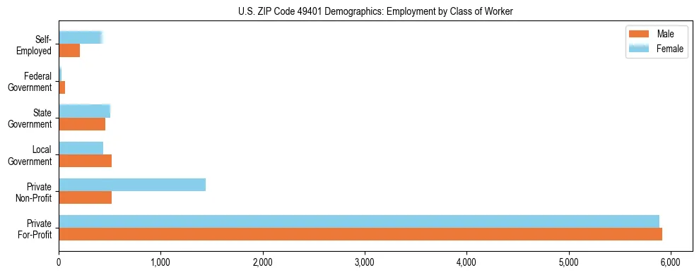 Horizontal bar chart showing employment distribution by class of worker and gender in US ZIP Code 49401, based on 2023 ACS data.