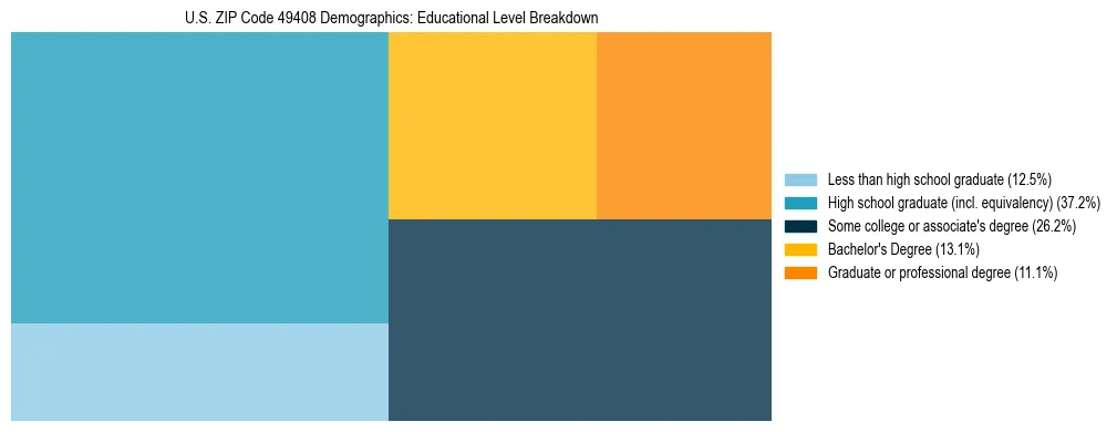 Treemap chart illustrating the educational attainment breakdown for population 25 years and over in US ZIP Code 49408.