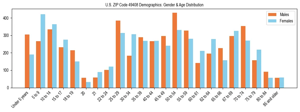 Bar chart showing the population distribution of US ZIP Code 49408 by age group and gender, based on 2023 ACS data.
