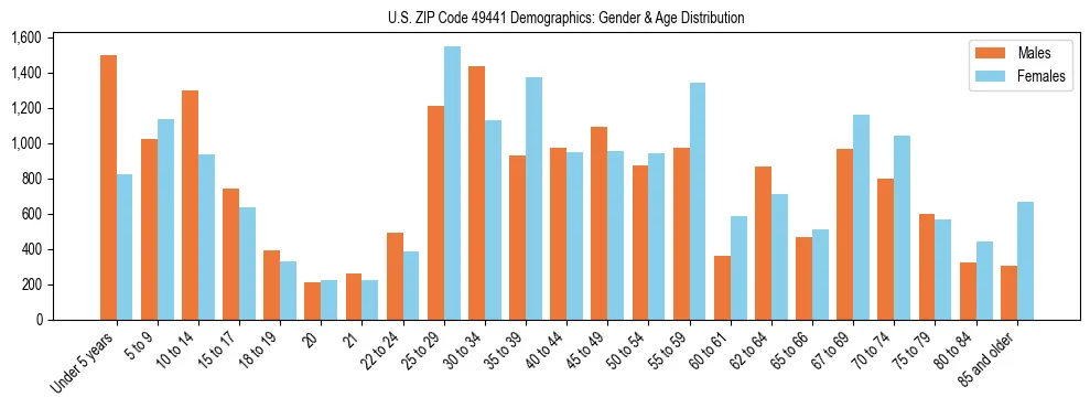 Bar chart showing the population distribution of US ZIP Code 49441 by age group and gender, based on 2023 ACS data.
