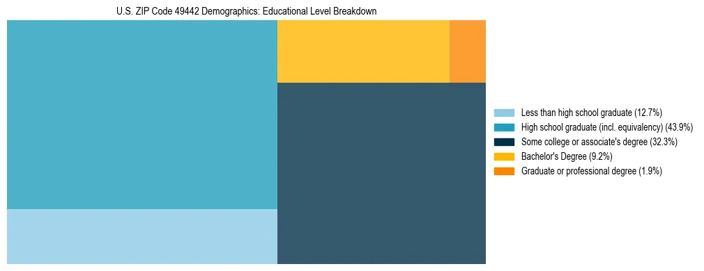 Treemap chart illustrating the educational attainment breakdown for population 25 years and over in US ZIP Code 49442.