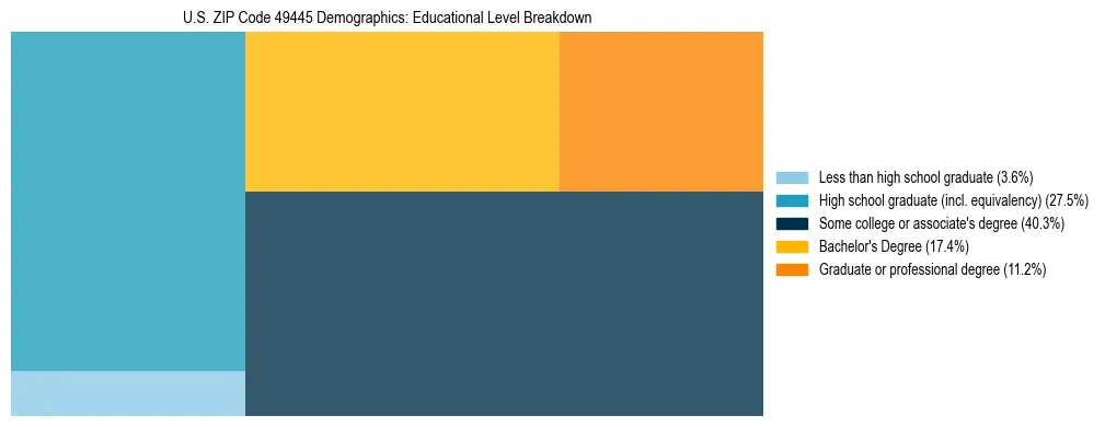 Treemap chart illustrating the educational attainment breakdown for population 25 years and over in US ZIP Code 49445.