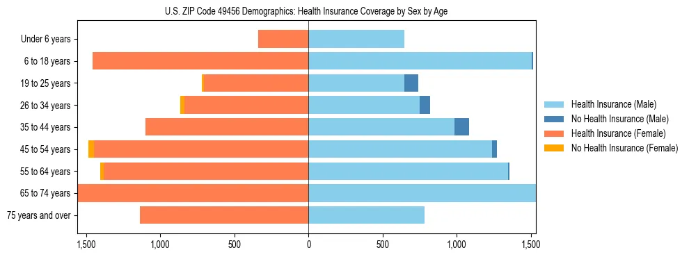 Pyramid chart showing health insurance coverage by age and sex in US ZIP Code 49456.
