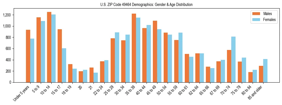Bar chart showing the population distribution of US ZIP Code 49464 by age group and gender, based on 2023 ACS data.