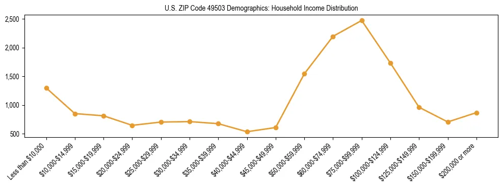 Horizontal bar chart showing household income distribution in US ZIP Code 49503.