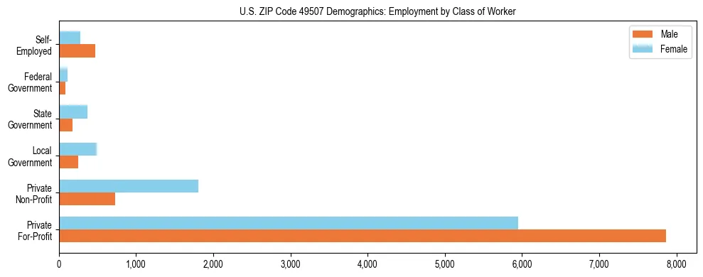 Horizontal bar chart showing employment distribution by class of worker and gender in US ZIP Code 49507, based on 2023 ACS data.