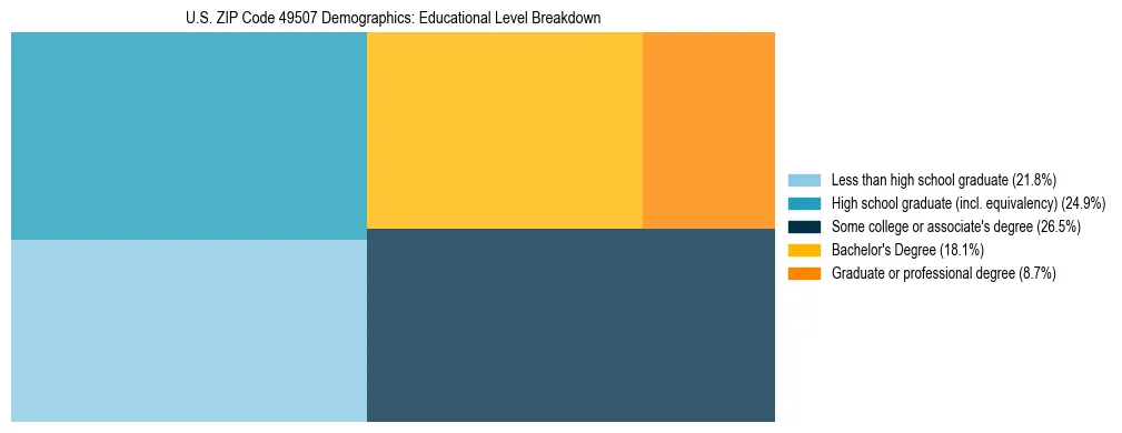 Treemap chart illustrating the educational attainment breakdown for population 25 years and over in US ZIP Code 49507.